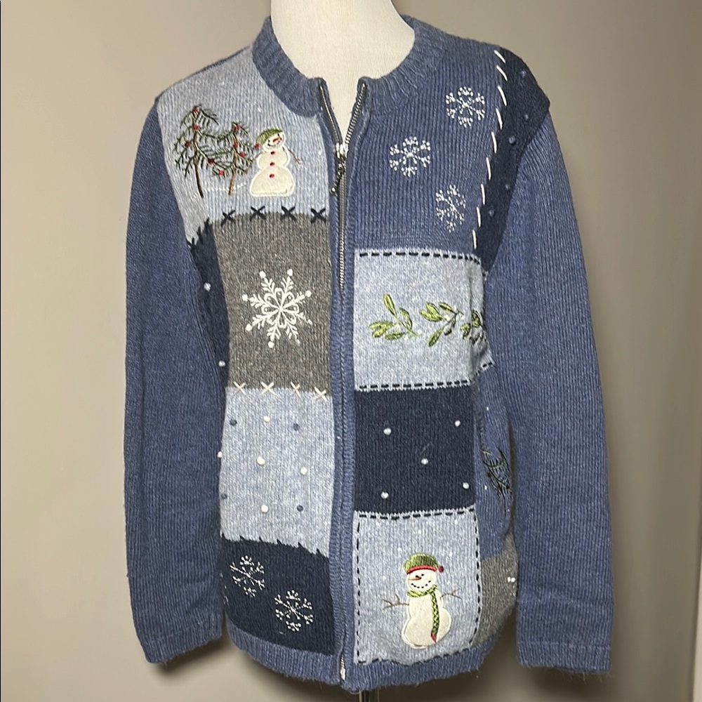 Croft & Barrow holiday snowman and snowflake vintage Navy blue Knit Cardigan